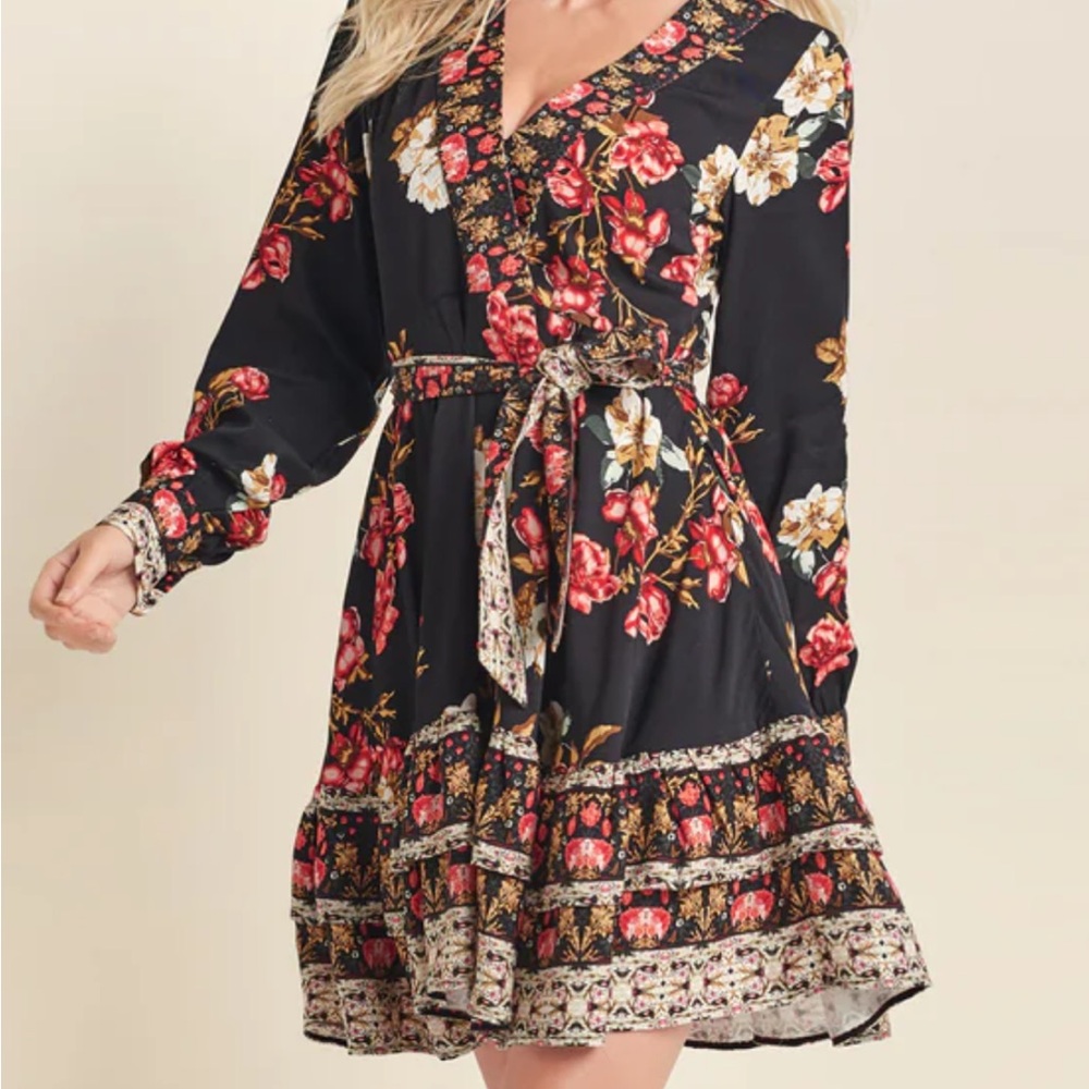 VENUS Black Dress with Red Floral Design